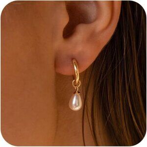 Trendy gold Pearl Hoop-01 earring women's 14K plated huggie drop wedding jewelry
